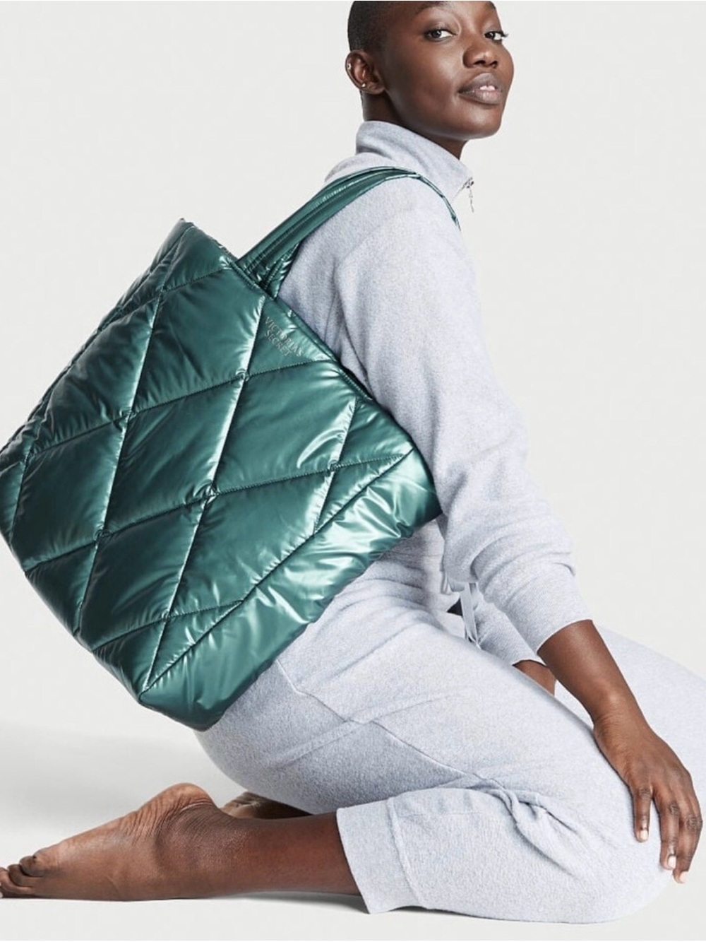 Victoria’s Secret Teal Quilted Tote Bag Glossy Large Beach Travel Holiday Rare